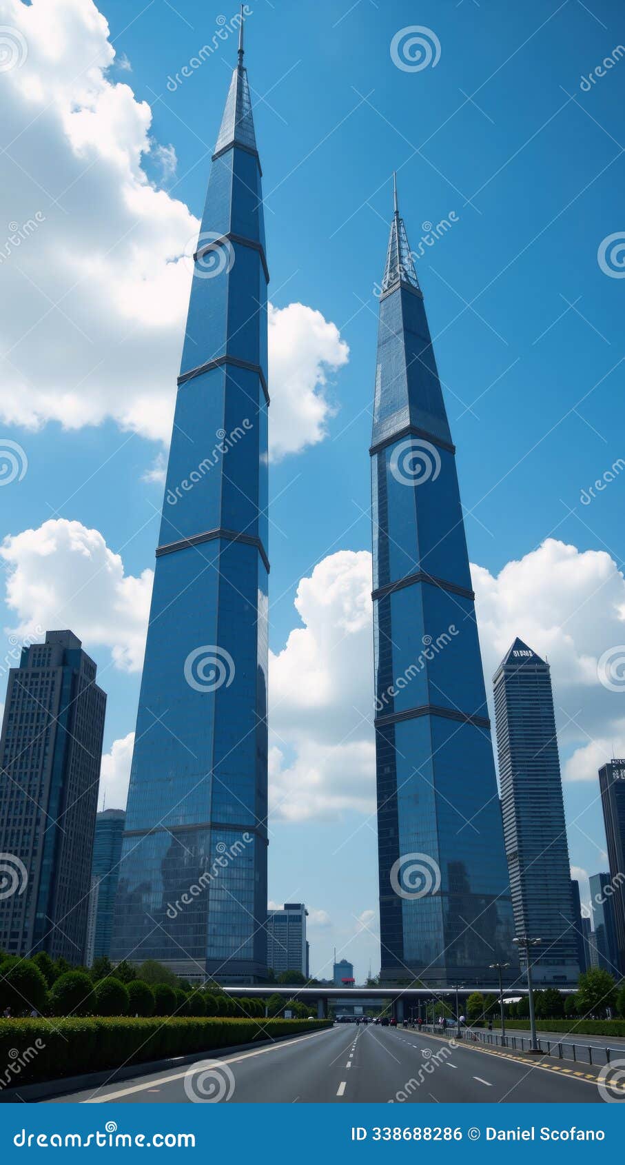 a futuristic cityscape with skyscrapers and blue skies technologyfocused photorealistic