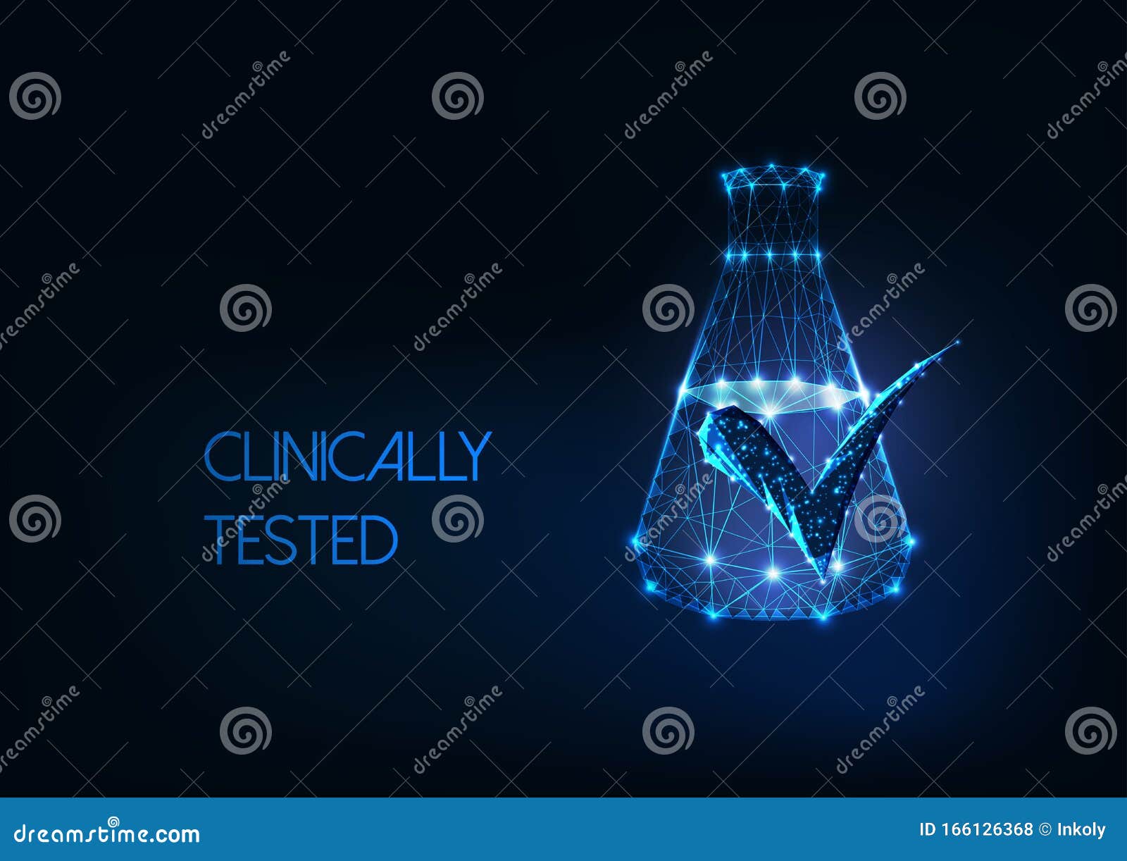 futuristic clinically tested concept with glow low poly laboratory flask and approved mark