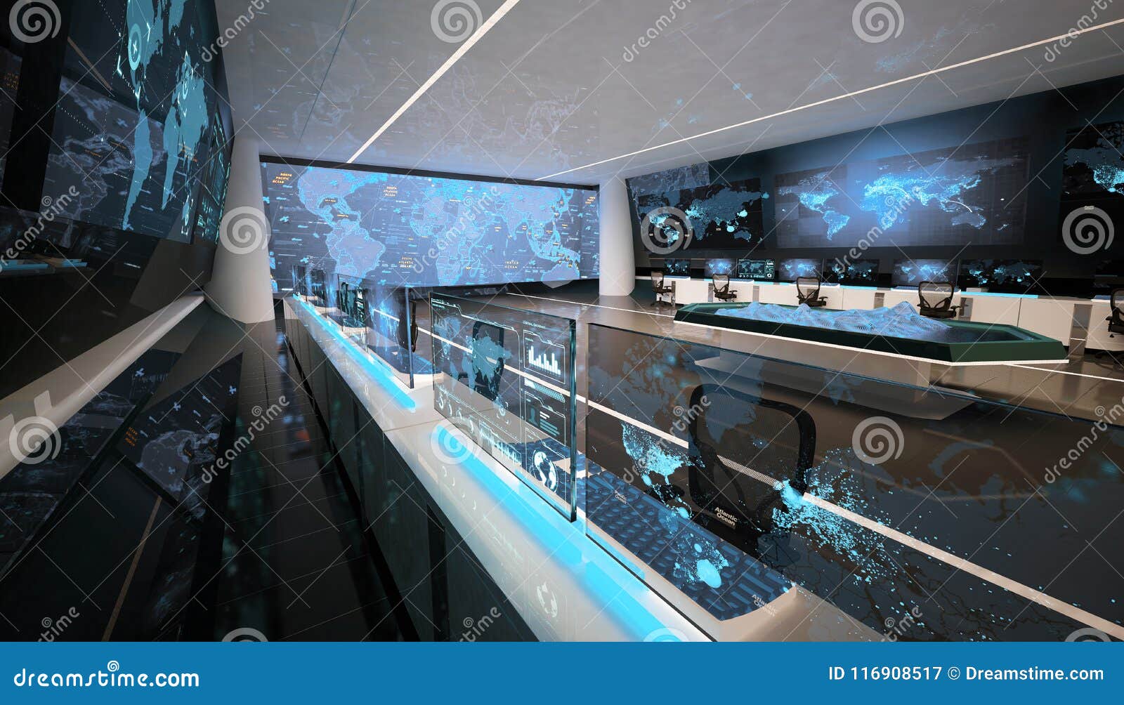 futuristic command center interior, big displays, holographic interactive table, world map