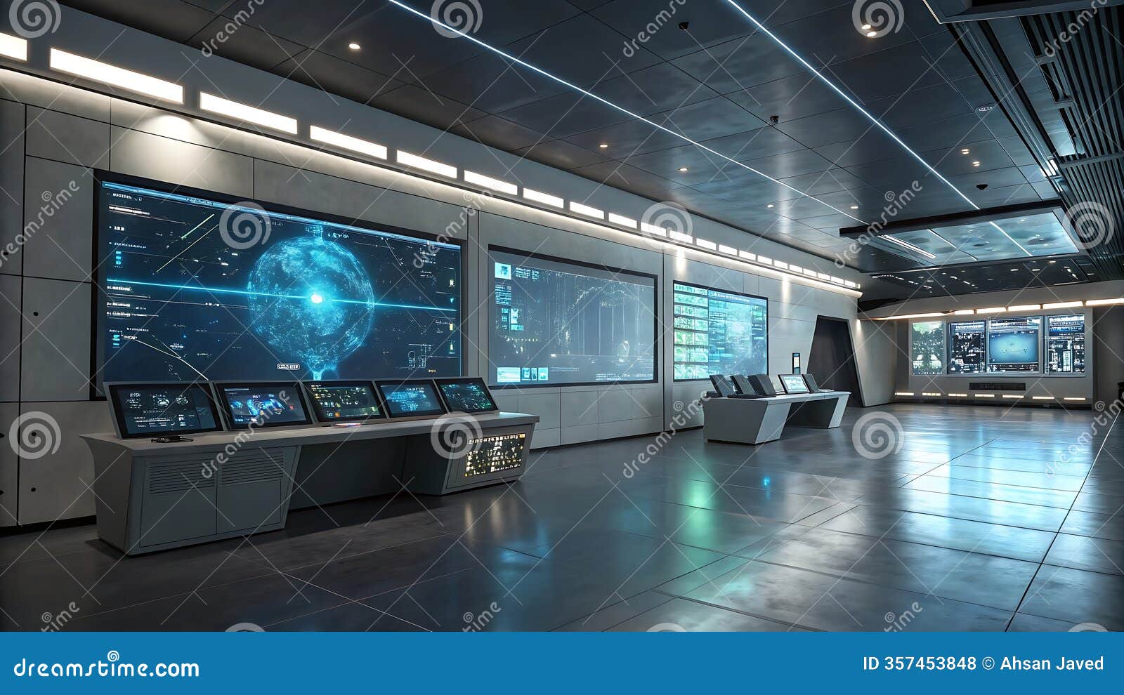 futuristic control room with large glowing screens and interfaces