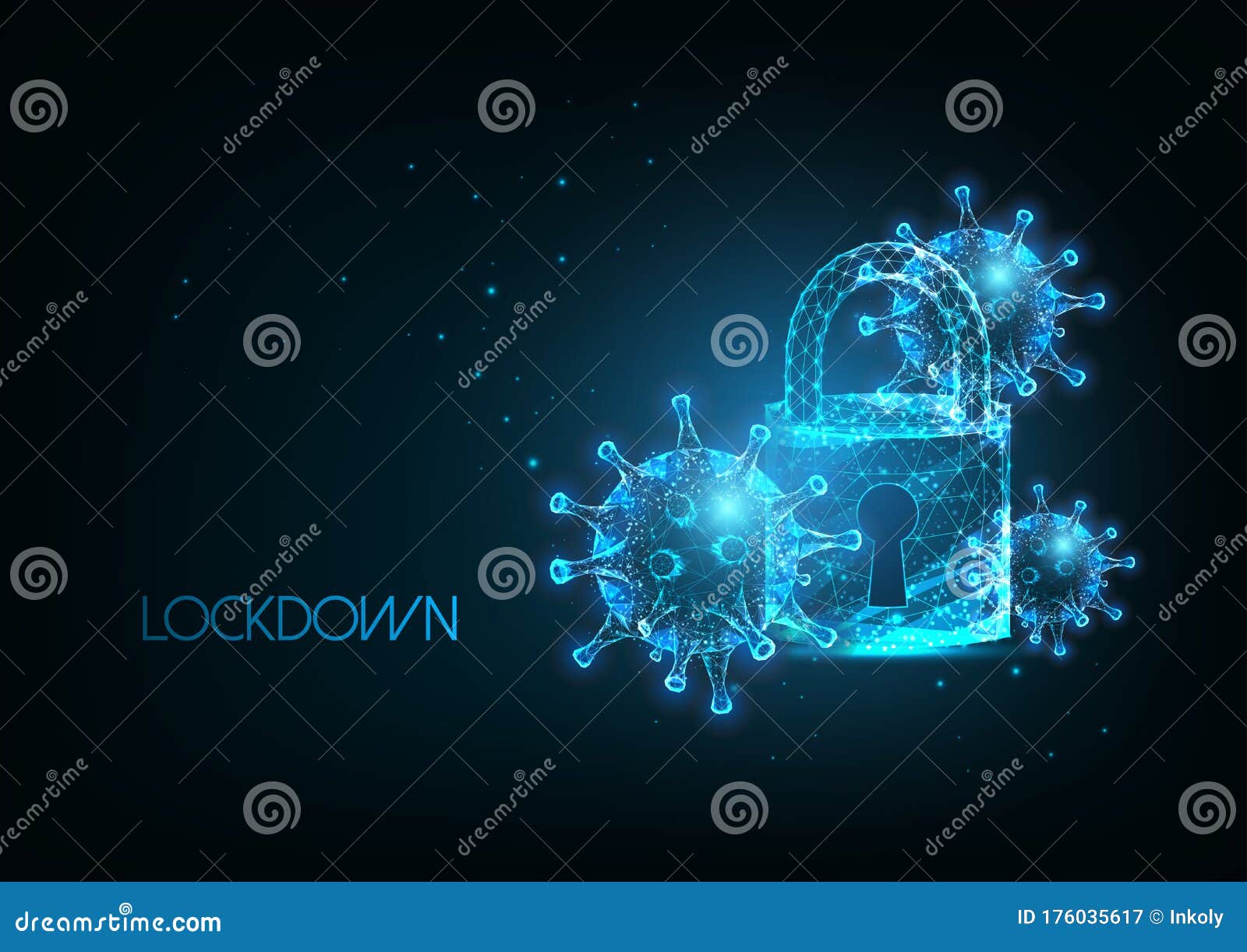 futuristic coronavirus covid-19 pandemic lockdown banner with glow ow poly virus cells and padlock