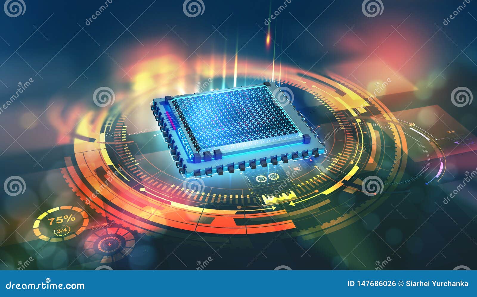 futuristic cpu. quantum processor in the global computer network