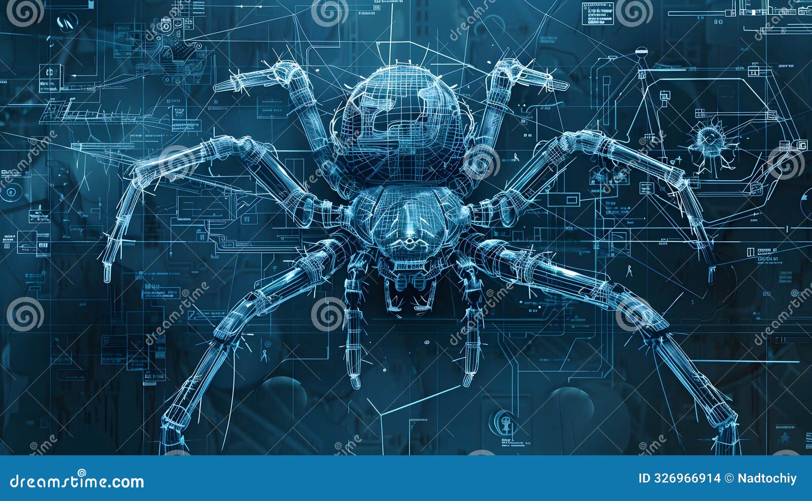 futuristic cyber spider in digital ai environment on blue background