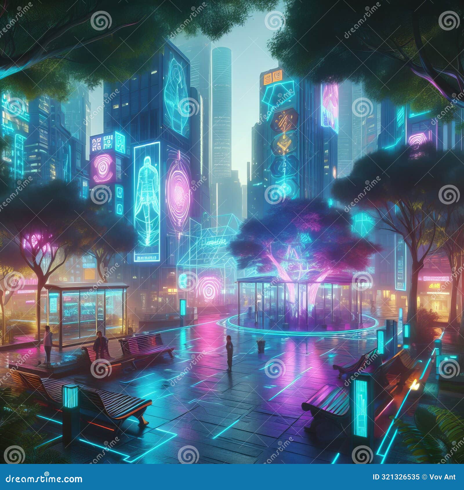 a futuristic cyberpunk city scene in a tranquil park, with neo