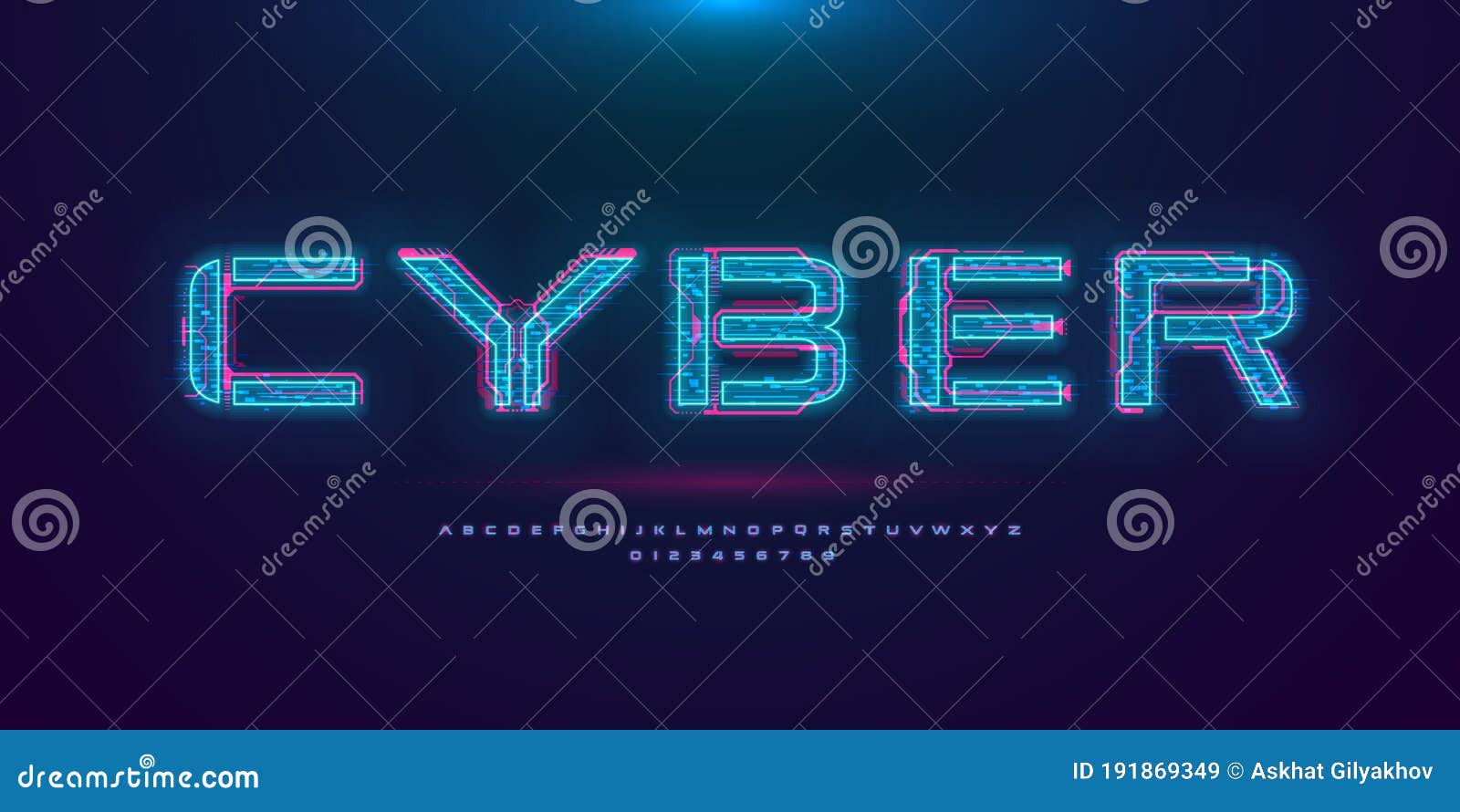 futuristic cyberpunk hologram font. modern english alphabet with blue hud neon effect and pink printed circuit board