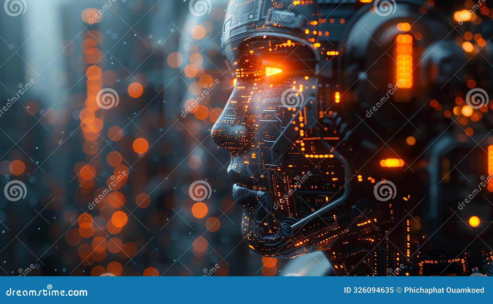 futuristic cyborg with glowing orange s and circuit patterns, set in a dark cityscape, represents advanced ai and