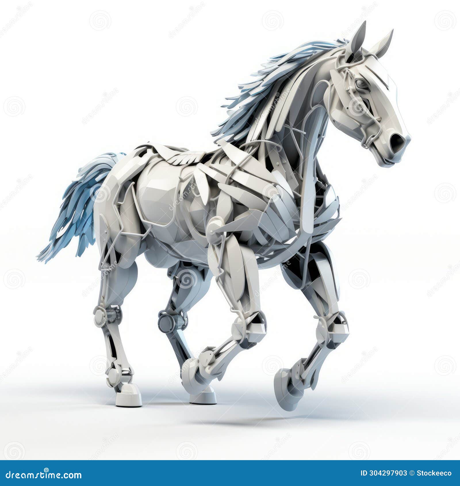 futuristic 3d printed white horse with wireframe - unique trash art