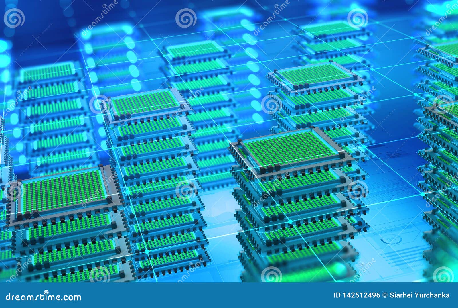 futuristic data center. big data analytics platform. quantum processor in the global computer network