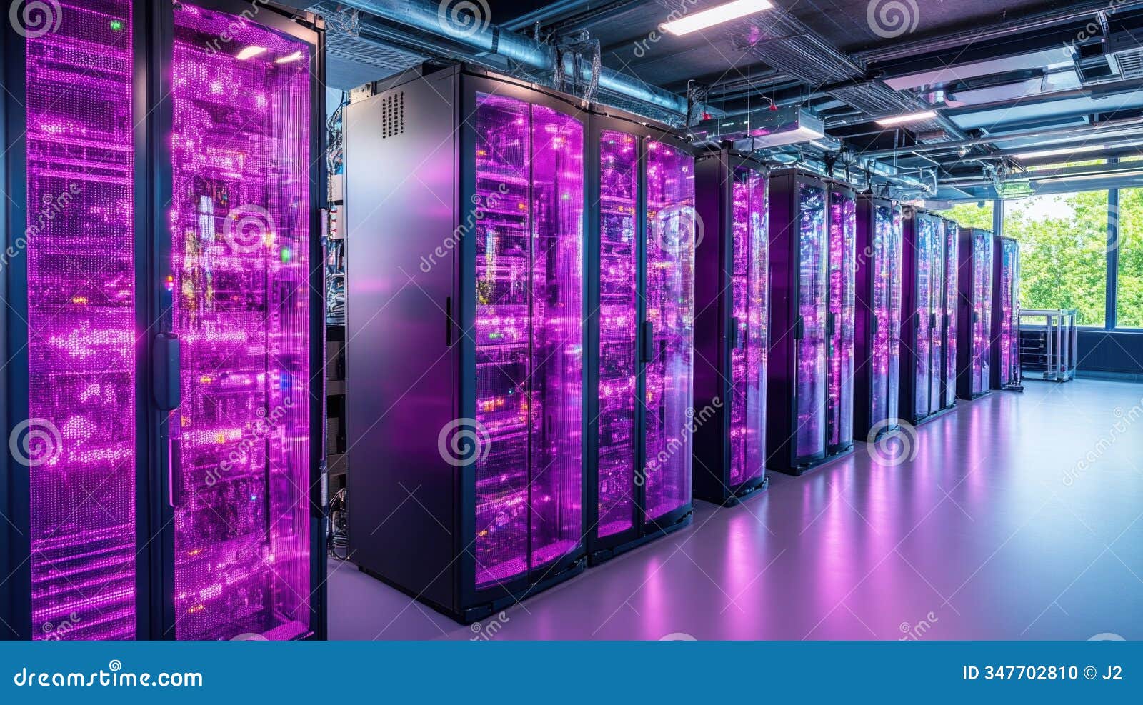 futuristic data center with purple glowing servers in a modern tech environment