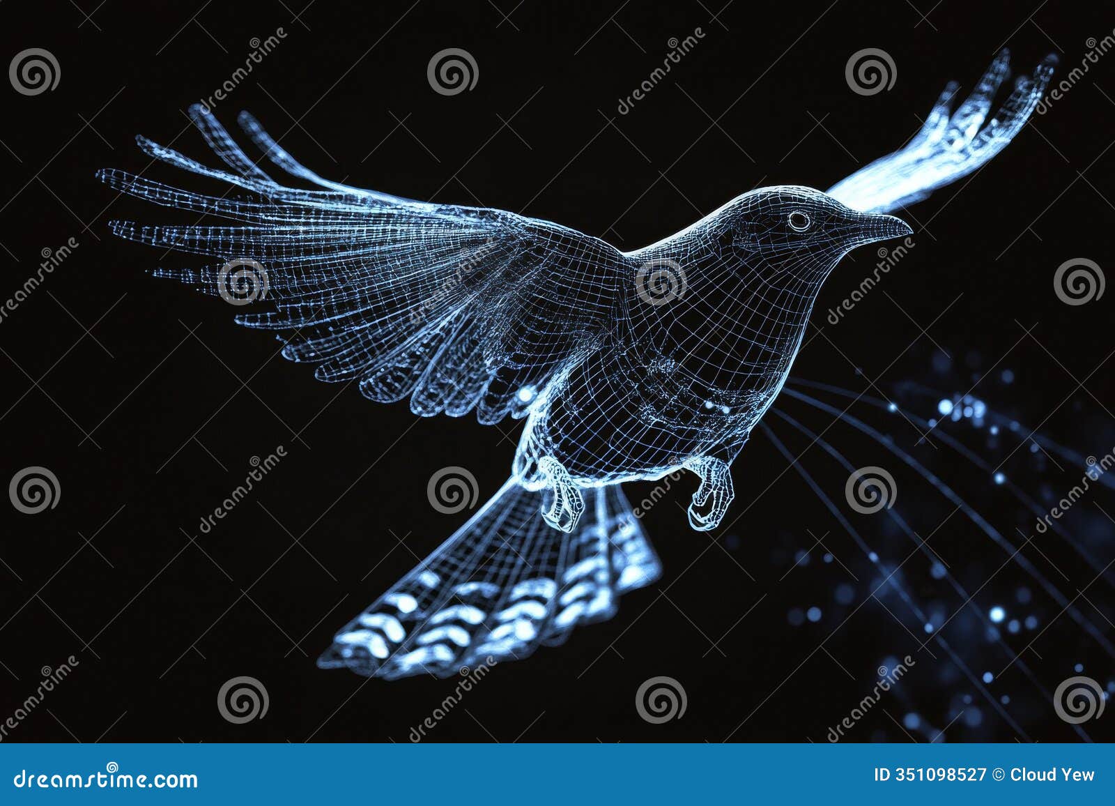 futuristic digital bird in flight with glowing wireframe  on a dark background