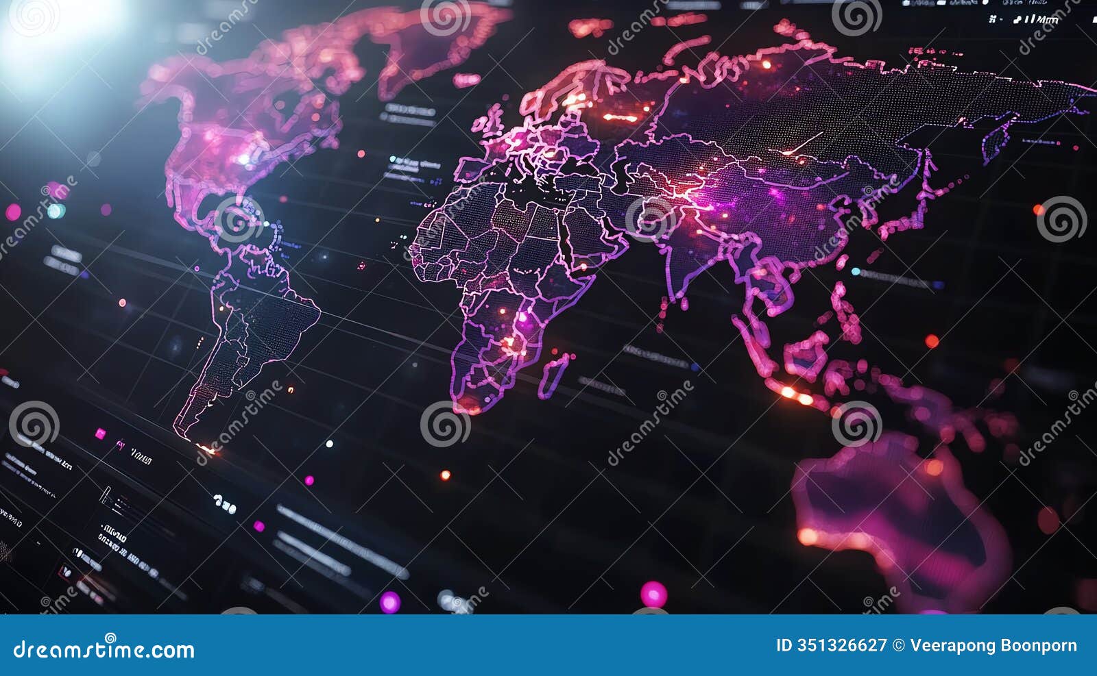 futuristic digital map showing global connections and vibrant data visualizations