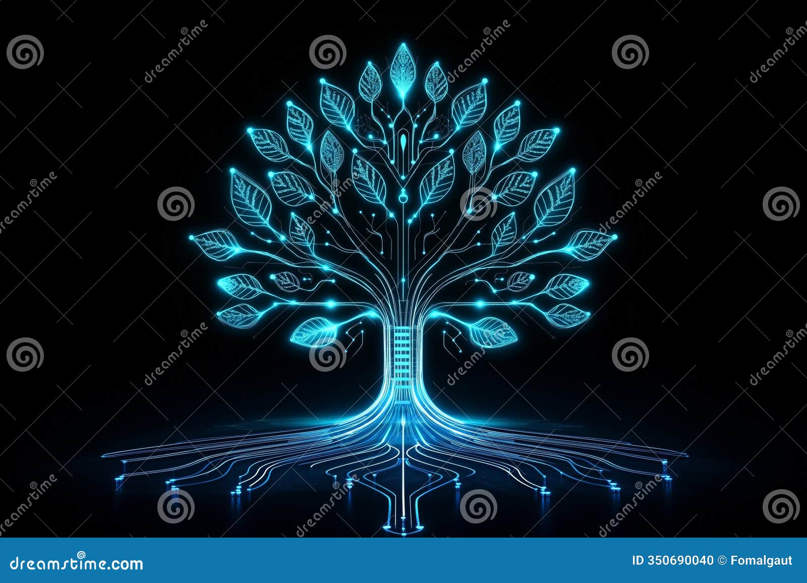 futuristic digital tree with glowing leaves and circuit . bright blue neon lines izing technology, innovation
