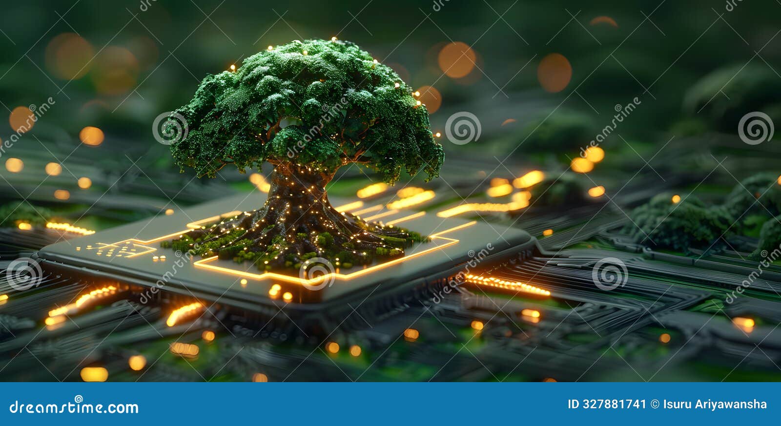 futuristic digital tree growing on a circuit board