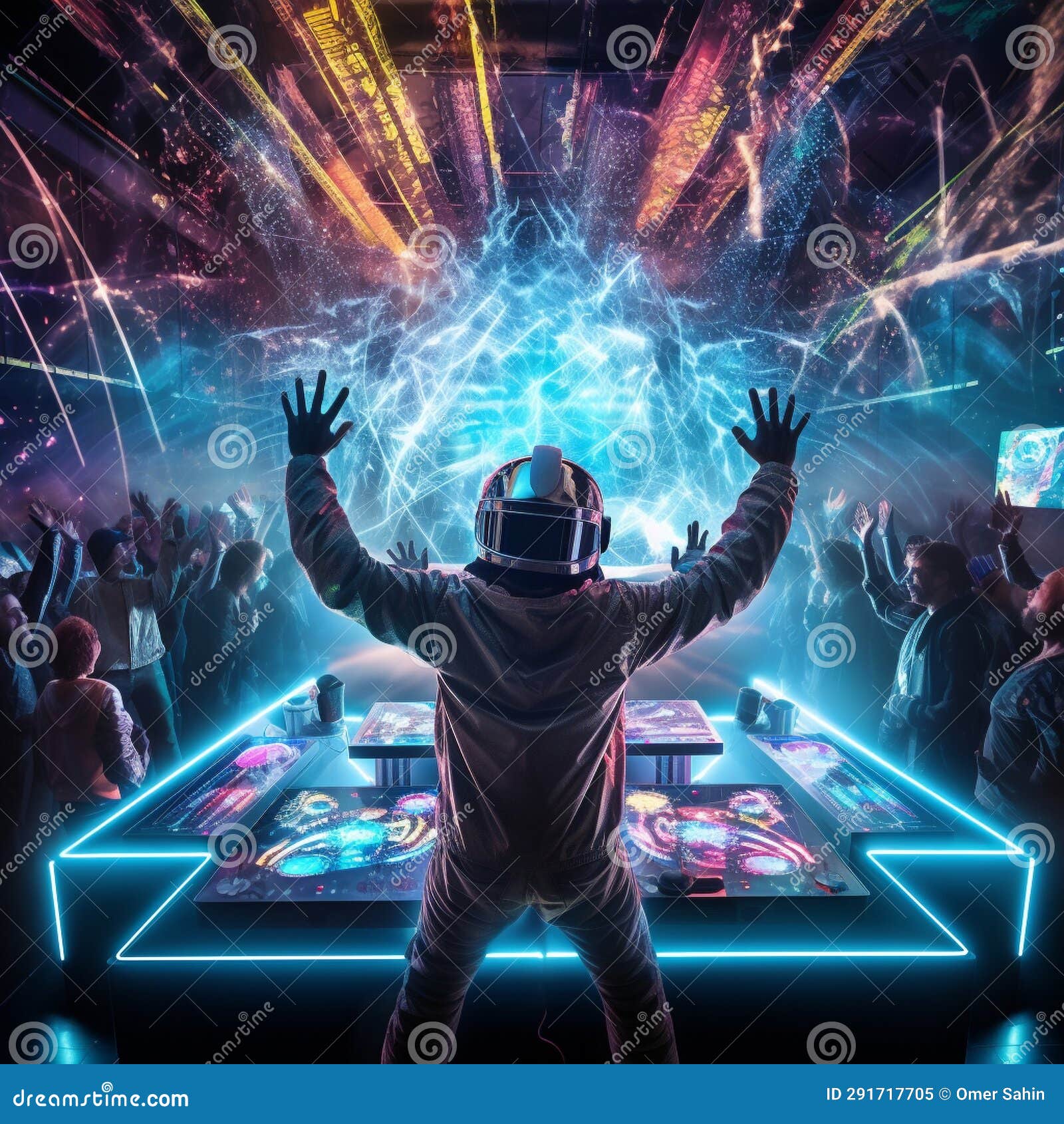 futuristic dj booth with vibrant neon lights