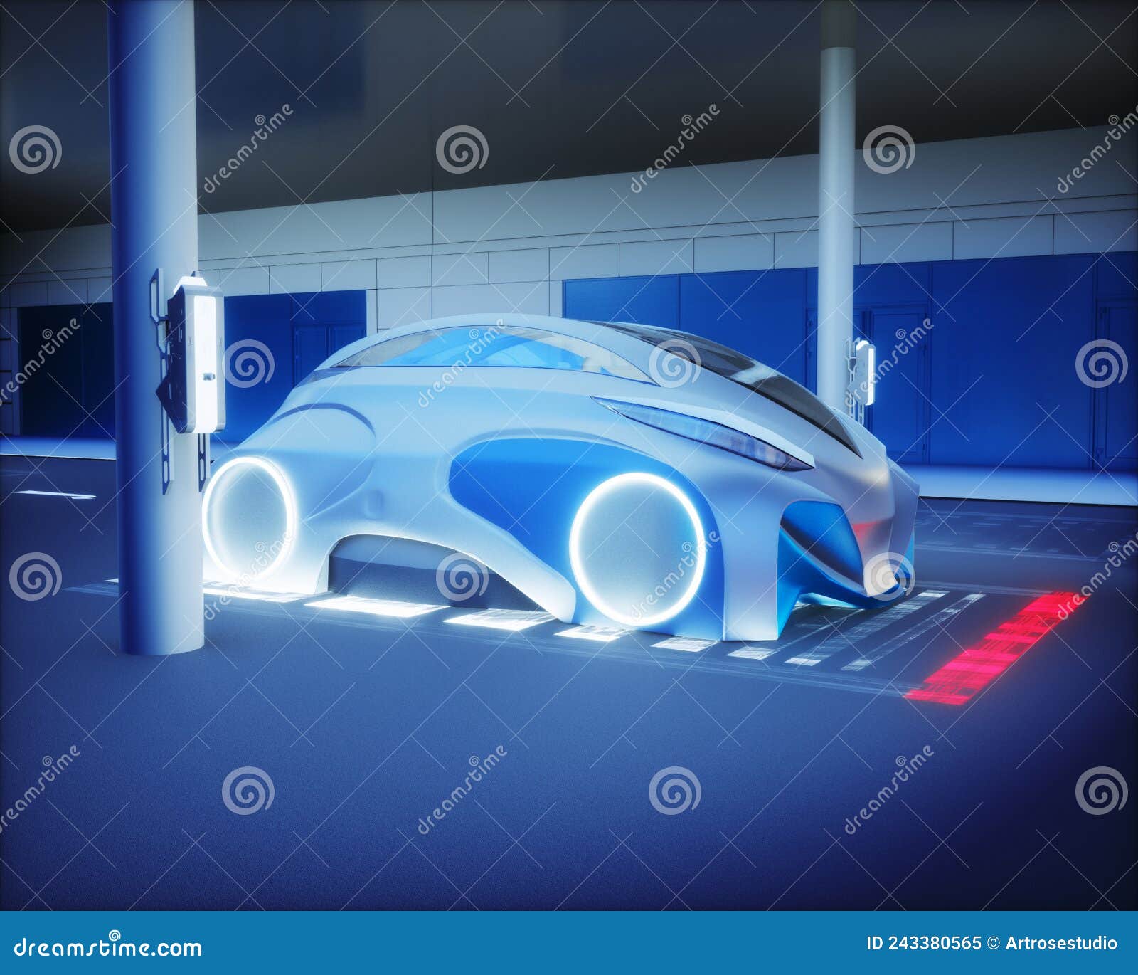 futuristic electric car on inductive charging station, realistic 3d rendering , futuristic concept