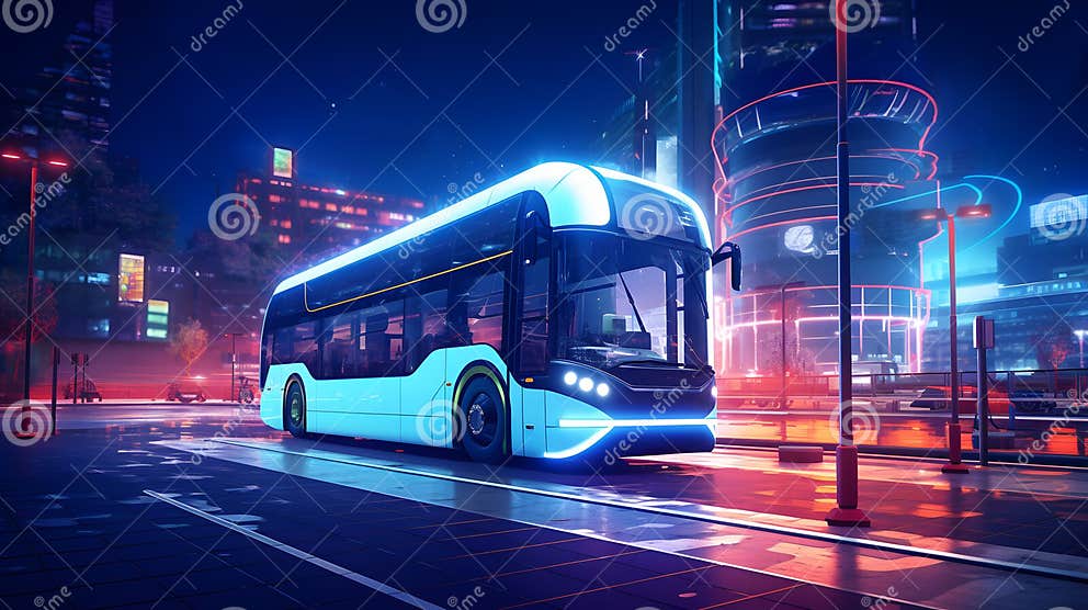 Modern Electric Bus Navigating through the Bustling City Streets with 
