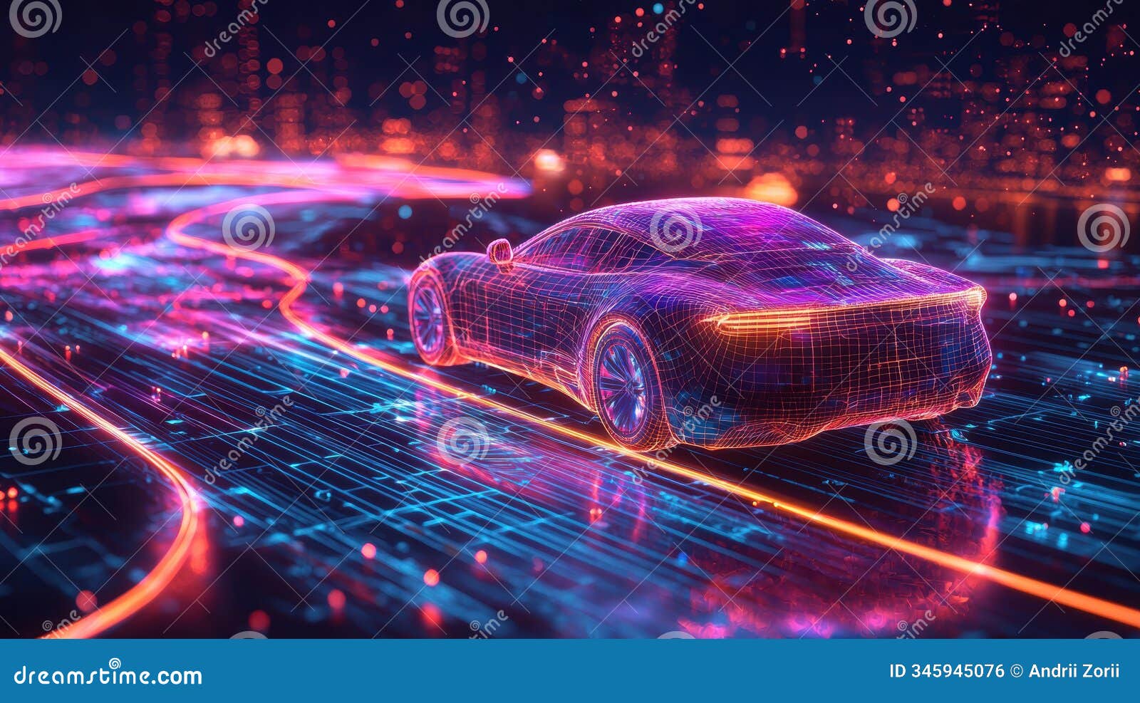 futuristic electric vehicle concept with neon lights over digital network