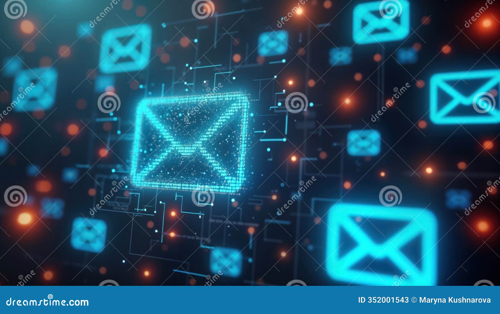 futuristic email icons glow in cyberspace. digital message s float on network pathway. abstract tech concept with glowing