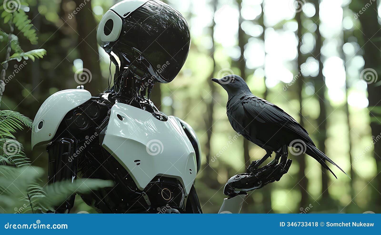 a futuristic encounter a robot engages with a bird in a lush forest highlighting harmony between technology and nature