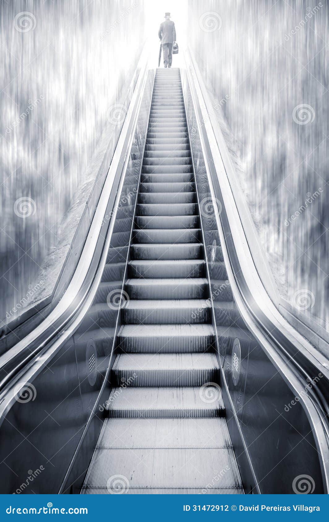 Futuristic Escalator Between Waterfalls And A Man On The