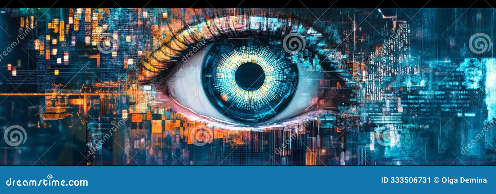 futuristic eye composed of cityscape and data patterns. represents cybersecurity, surveillance, and ai. ideal for