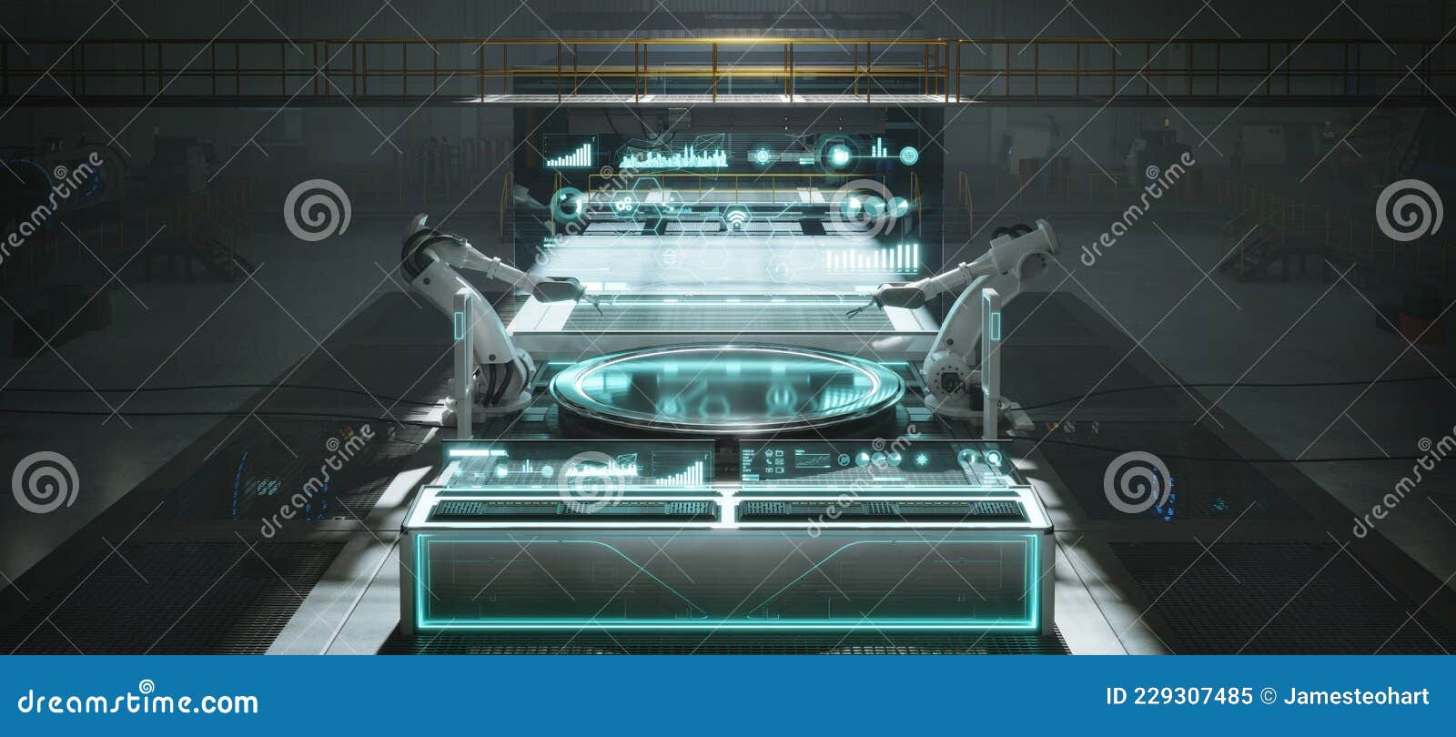 Futuristic Factory or with Assembly Robot Arms and Virtual