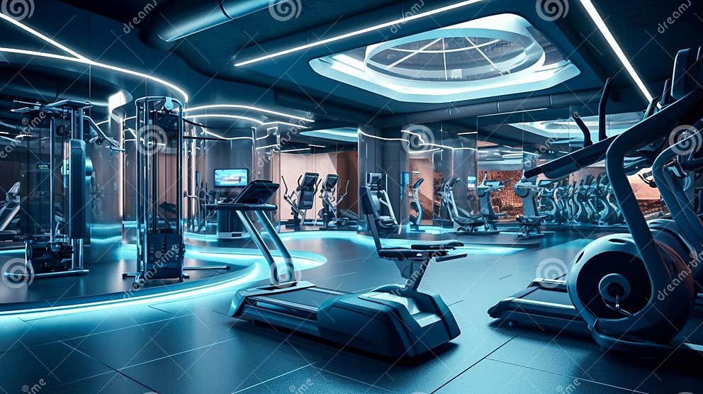 Futuristic Fitness Room with Advanced Equipment. Future of Gym and