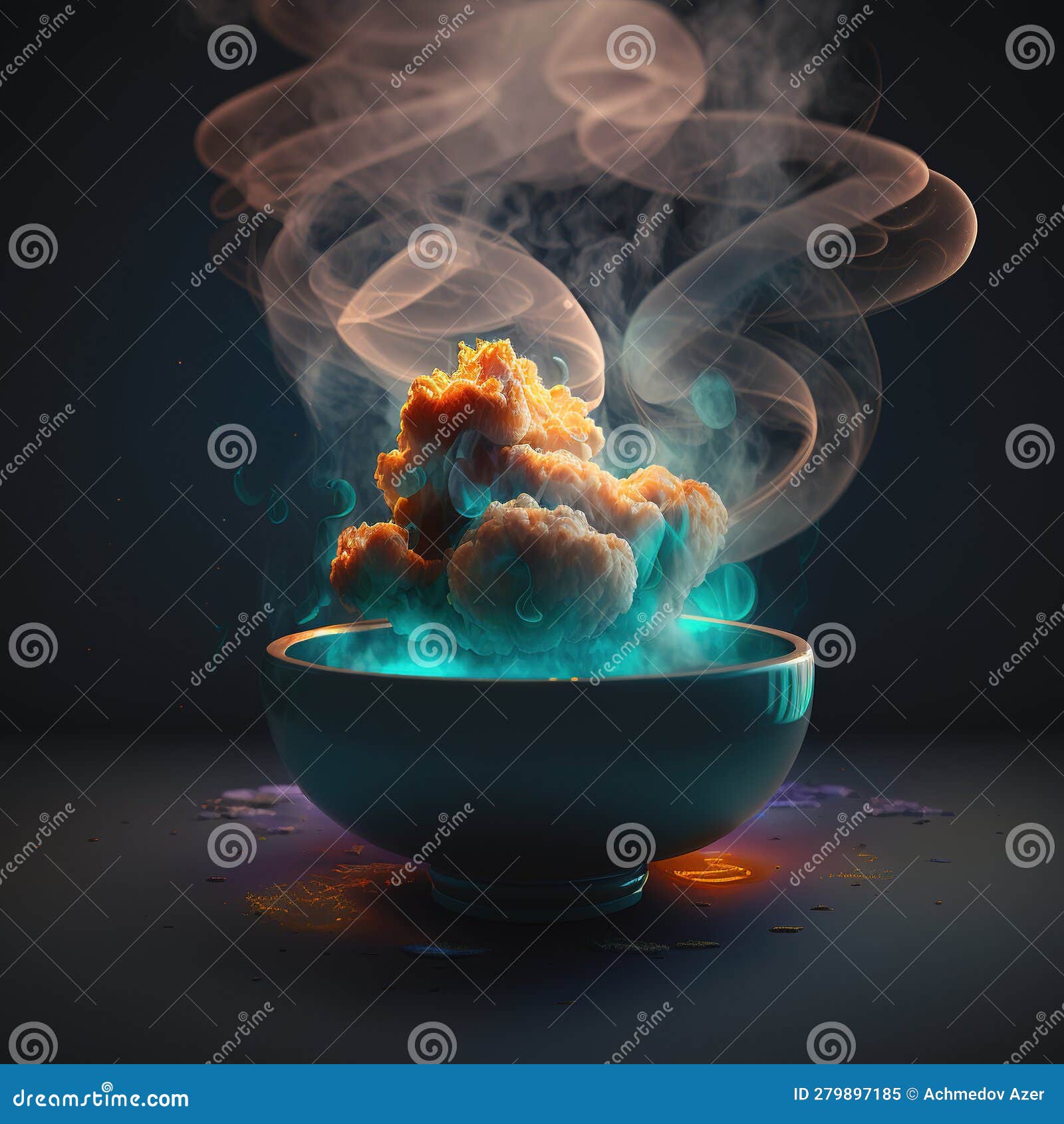 futuristic food with volumetric smoke and volumetric light generative ai