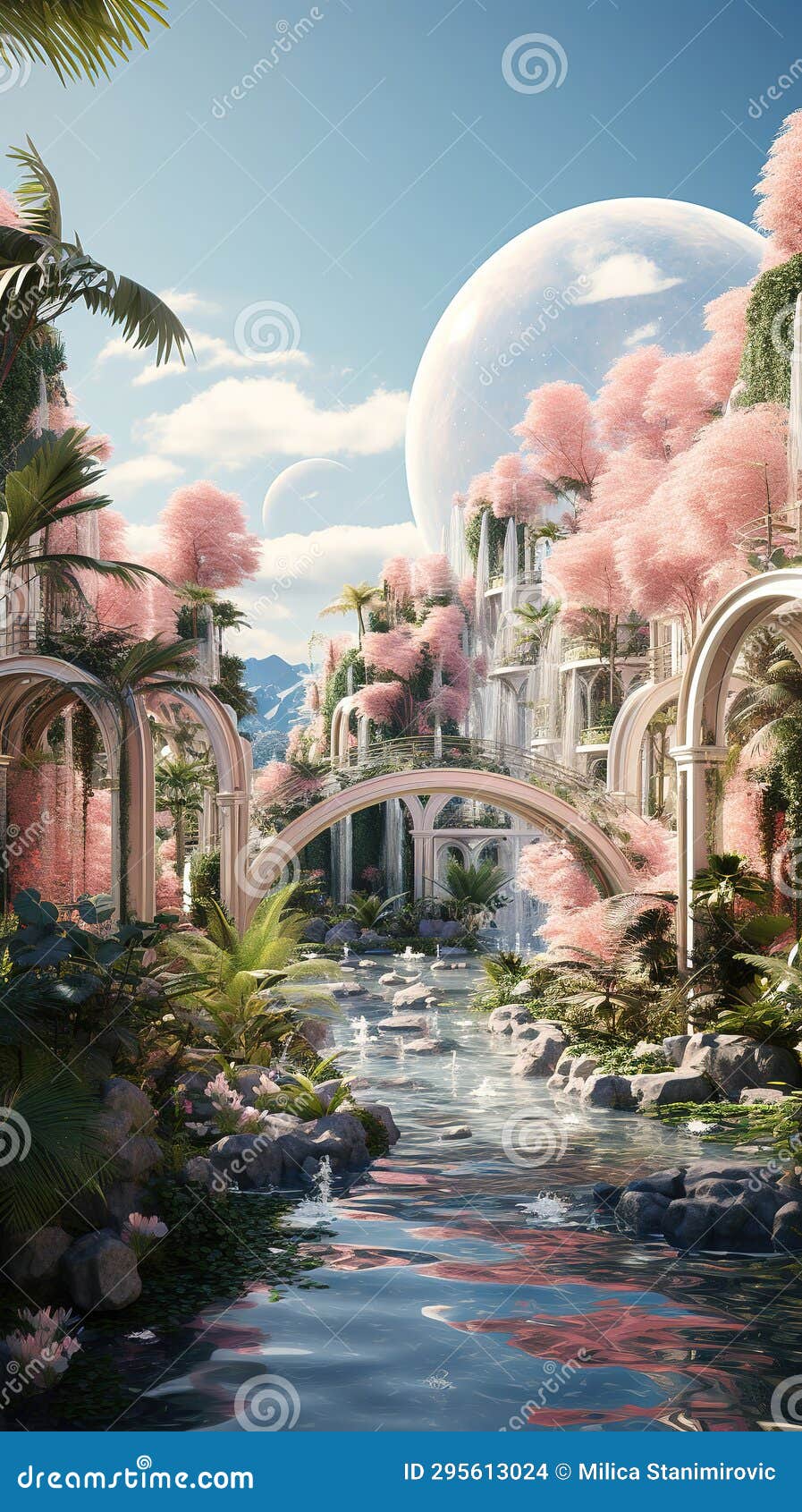 Futuristic Garden Oasis Blossoms, River, and Bridge Stock Illustration Illustration of river