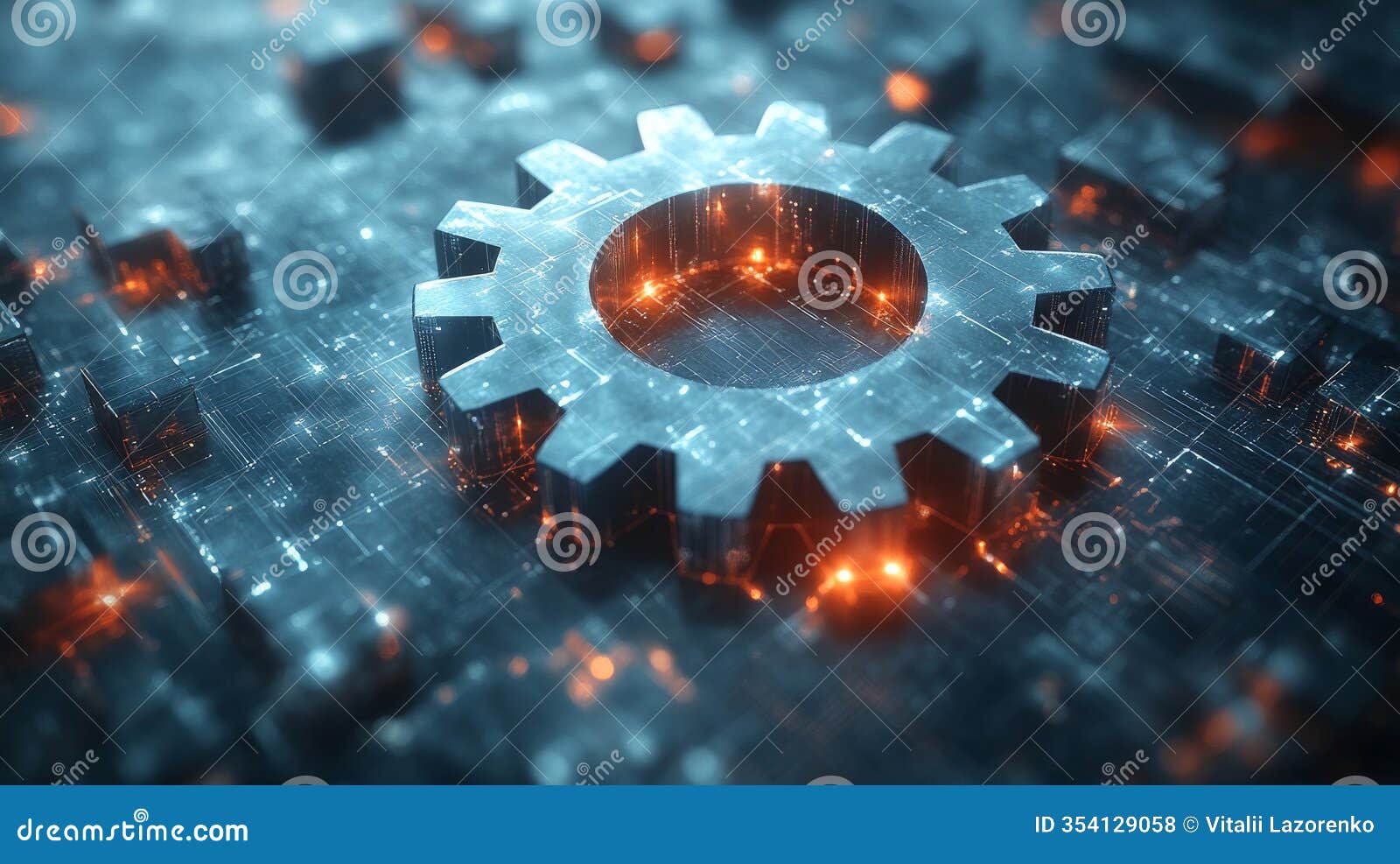 futuristic gear on digital circuit board with abstract geometric patterns for technology 