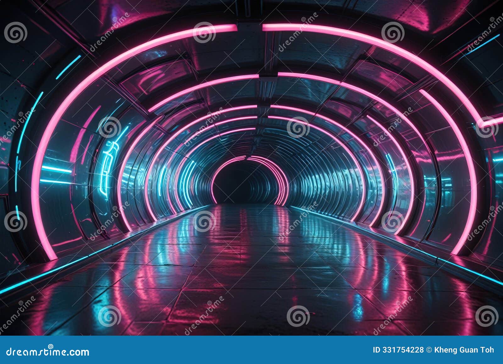 futuristic glossy tunnel-like structure with neon lights