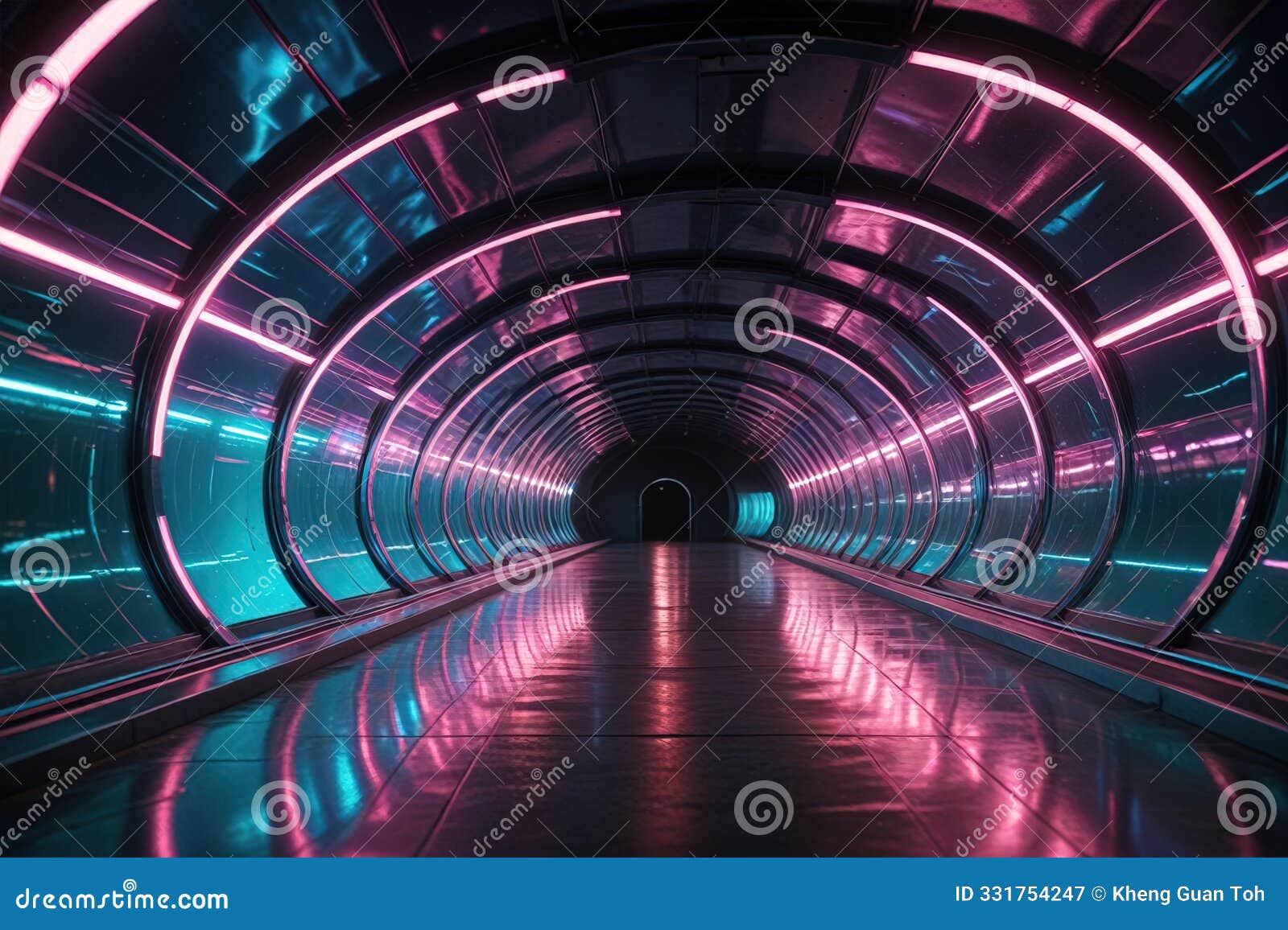 futuristic glossy tunnel-like structure with neon lights