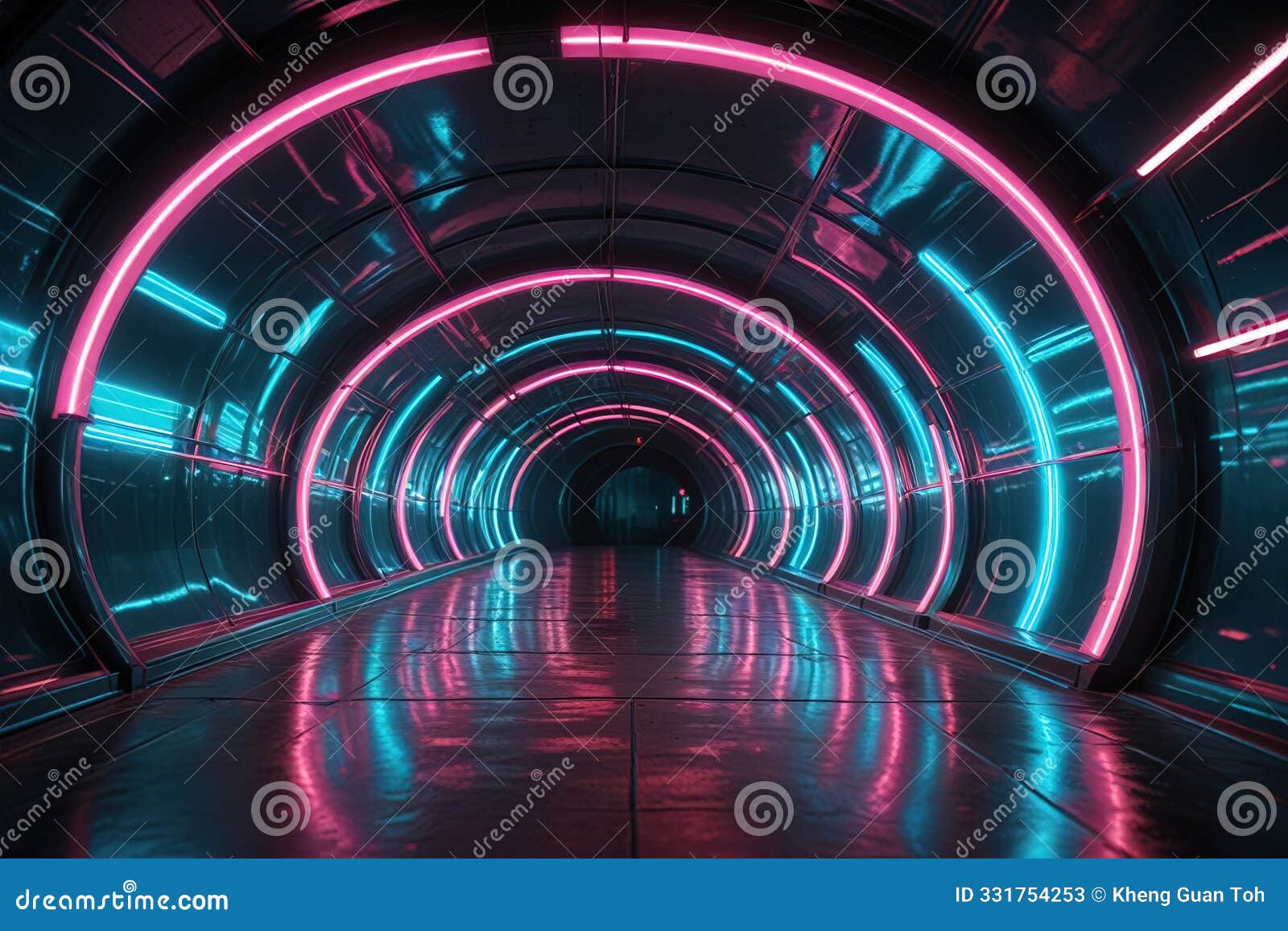 futuristic glossy tunnel-like structure with neon lights