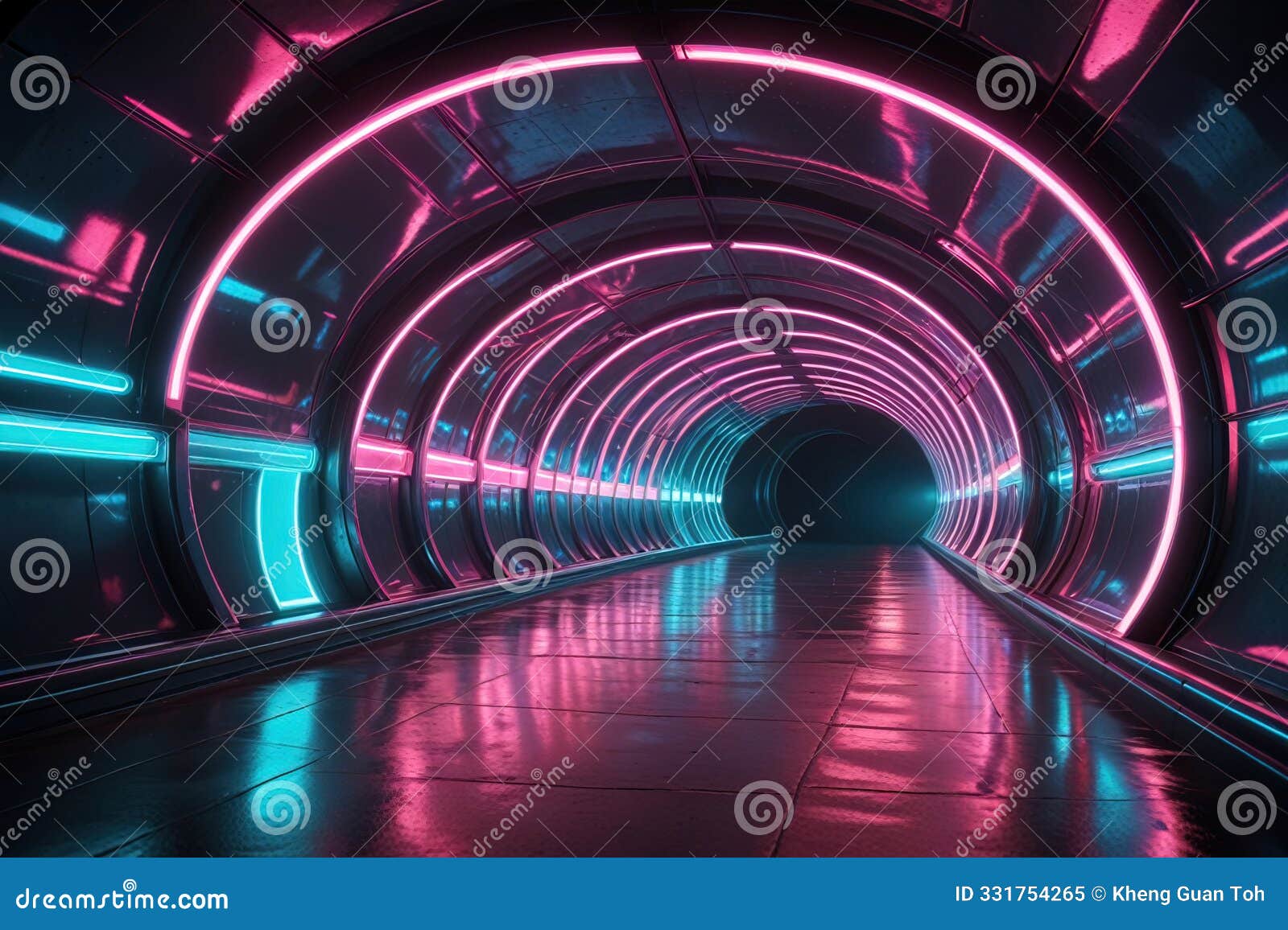 futuristic glossy tunnel-like structure with neon lights
