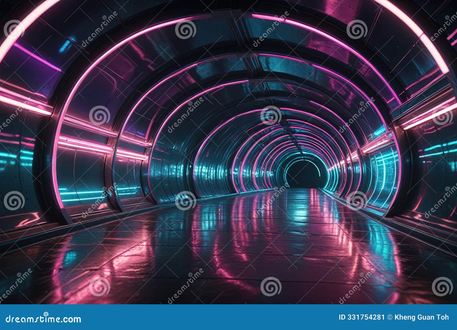 futuristic glossy tunnel-like structure with neon lights