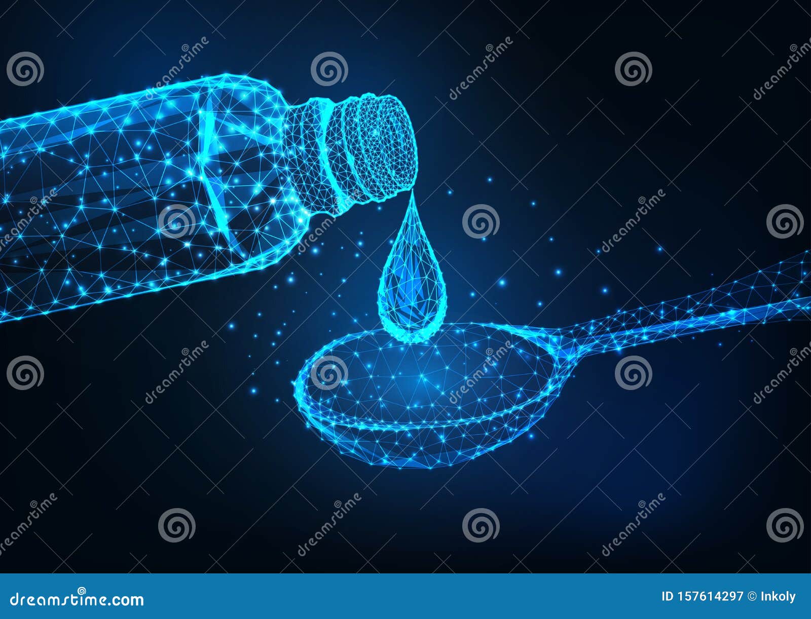futuristic glowing low poly medicine bottle, liquid drop and dosage spoon on dark blue background.