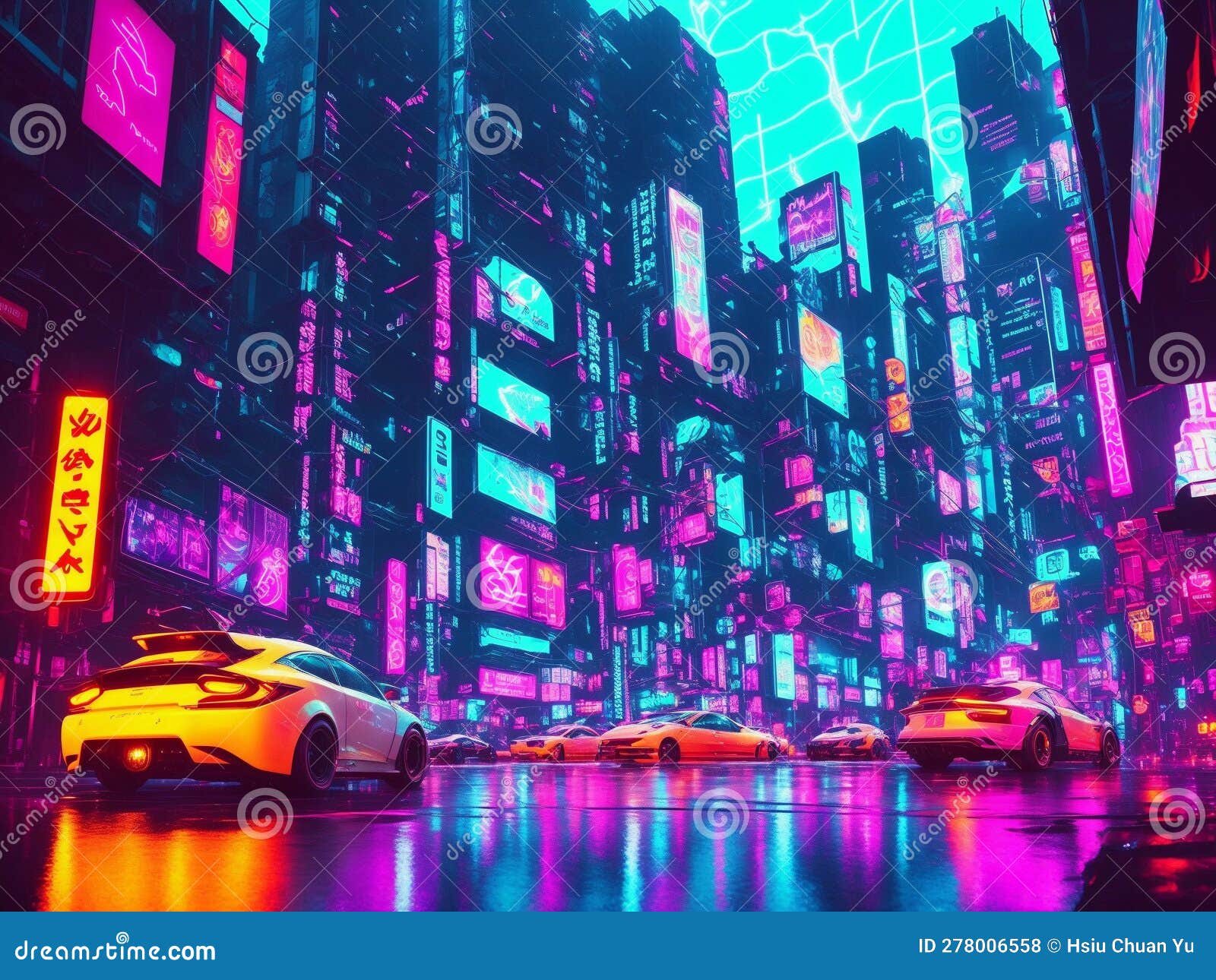 Futuristic Glowing Neon Cyberpunk City Street Perspective View ...