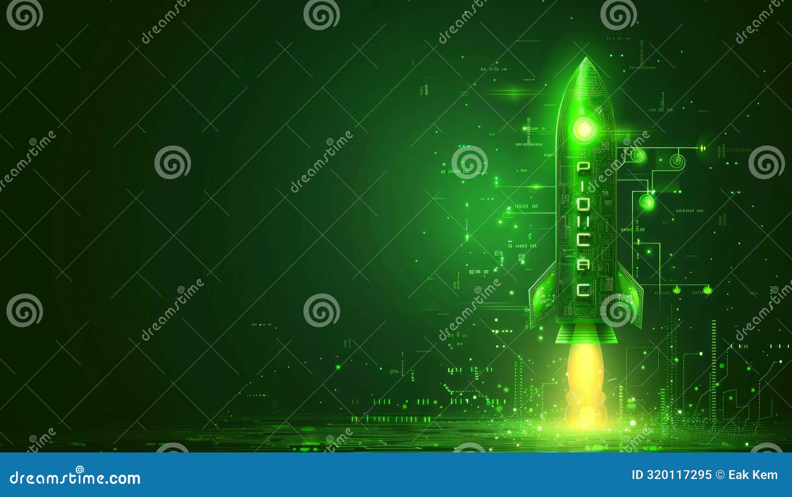 futuristic green rocket launching into digital space with matrix inspired background, glowing effects, and technological