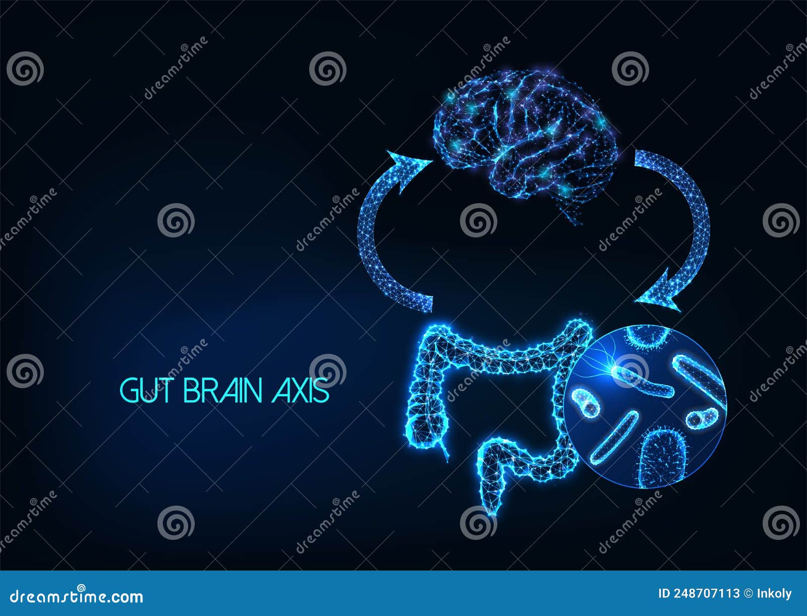 futuristic gut brain axis, microbiome and mood connection concept with intestine, brain, gut flora
