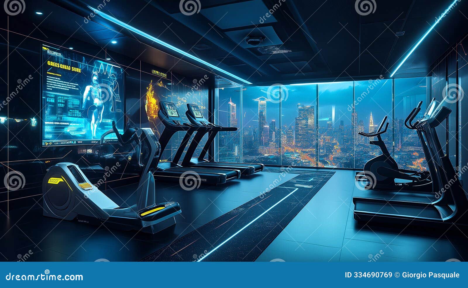 futuristic gym with high-tech equipment overlooking a neon-lit cityscape
