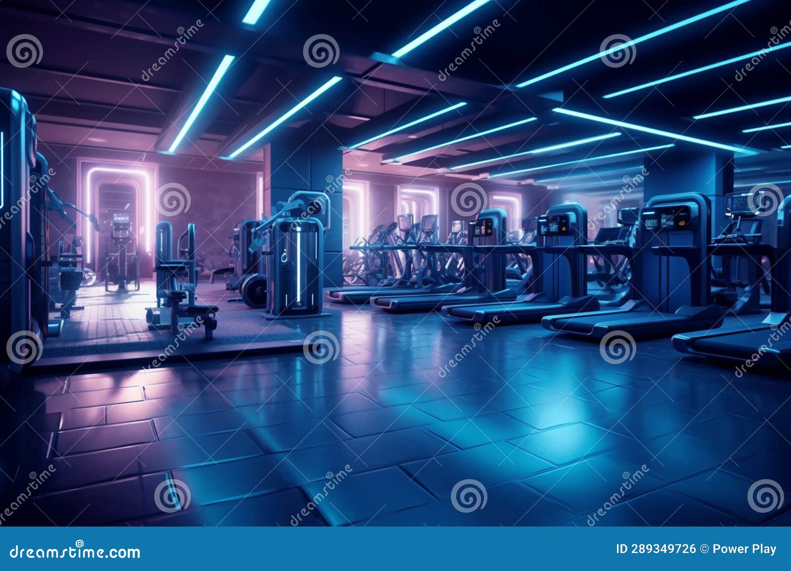 Futuristic Gym Interior with Neon Lights. 3D Rendering Stock Illustration Illustration of