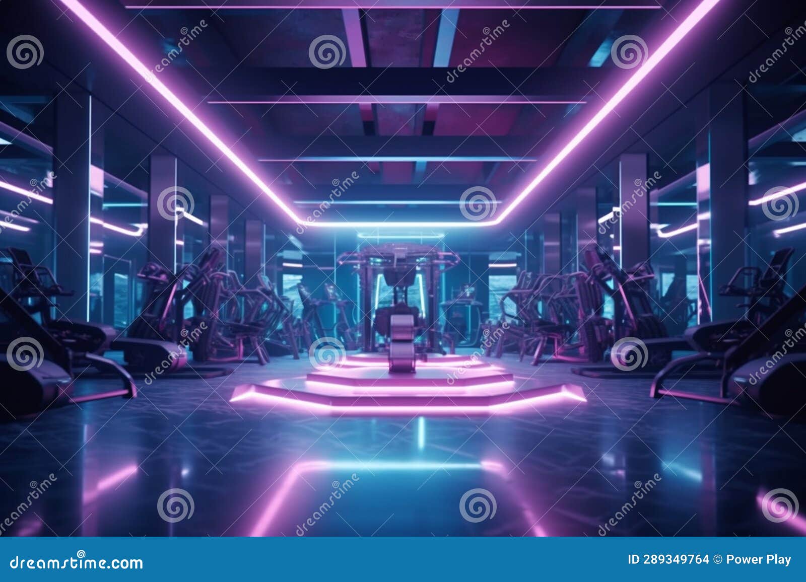 Futuristic Gym Interior with Neon Lights. 3D Rendering Stock Illustration Illustration of