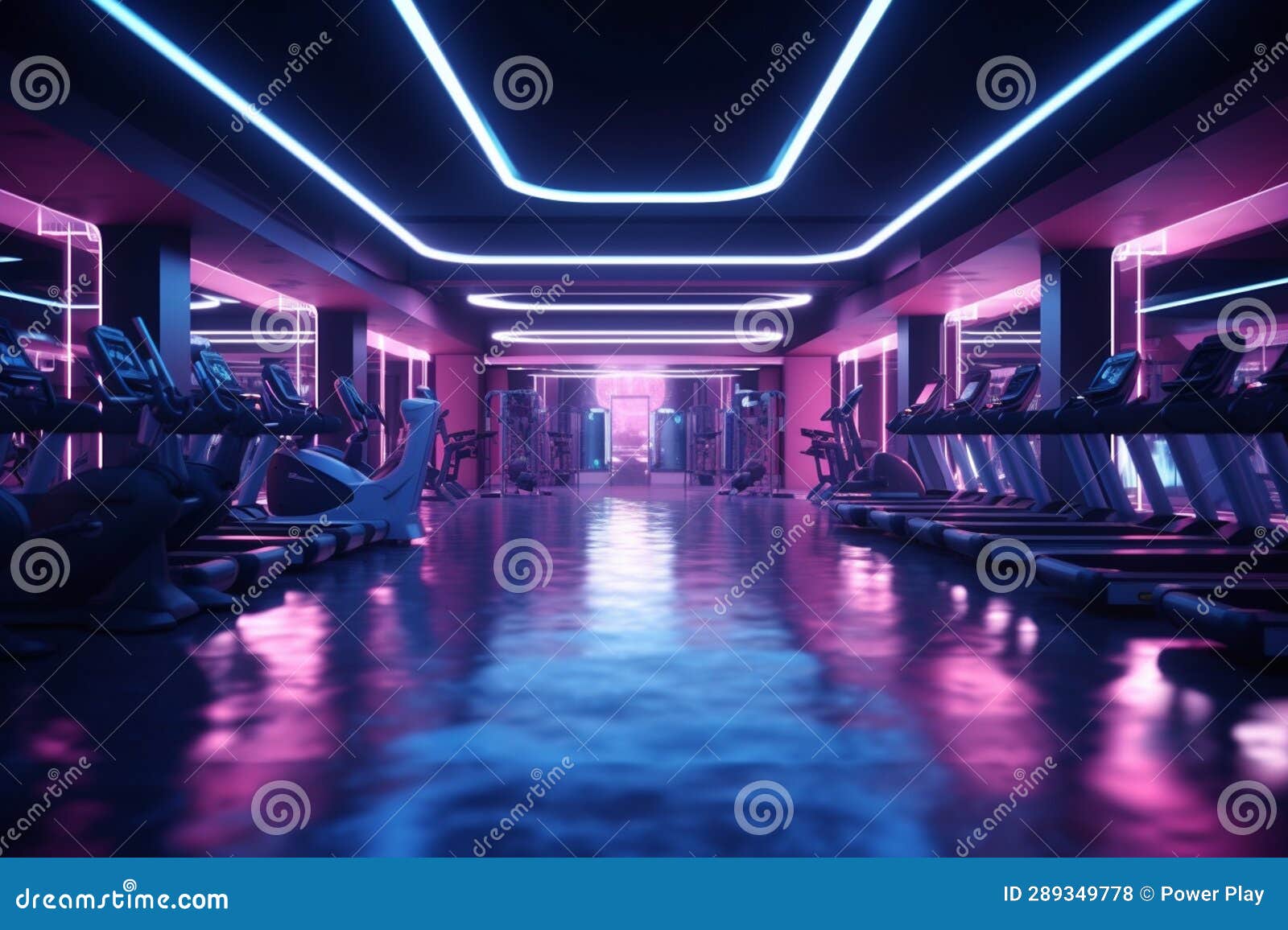 Futuristic Gym Interior with Neon Lights. 3D Rendering Stock Illustration Illustration of