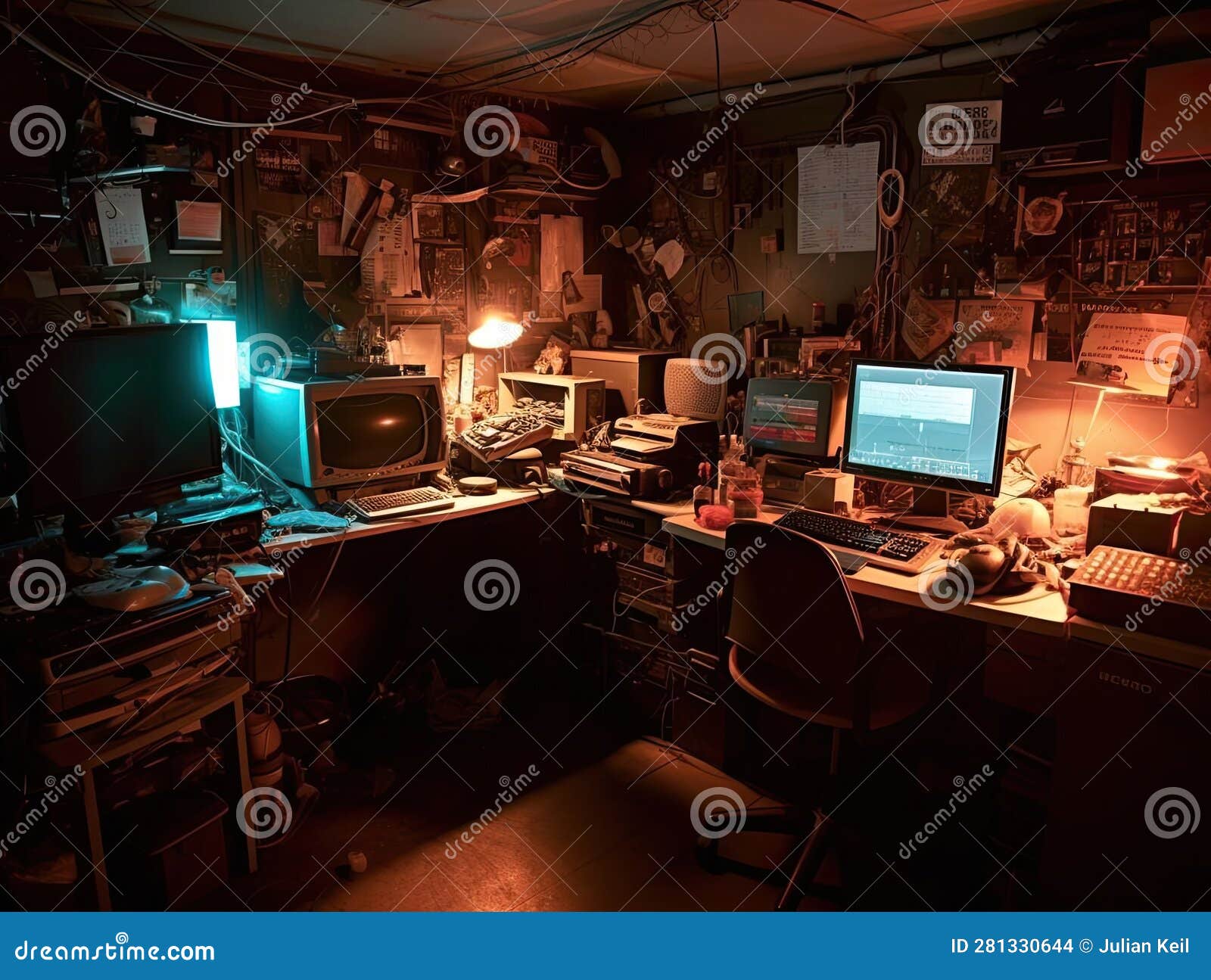Futuristic Hacker Den with Computers and Gadgets Stock