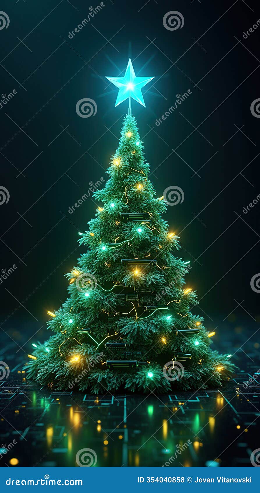 futuristic high-tech christmas tree with glowing lights and modern circuitry