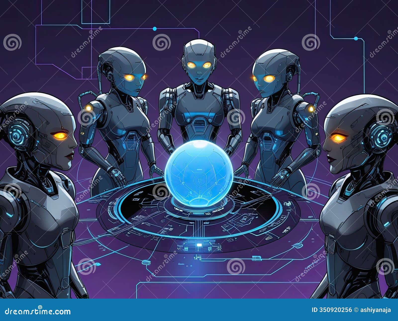 futuristic  of ai agent robot group round a space shiny ball