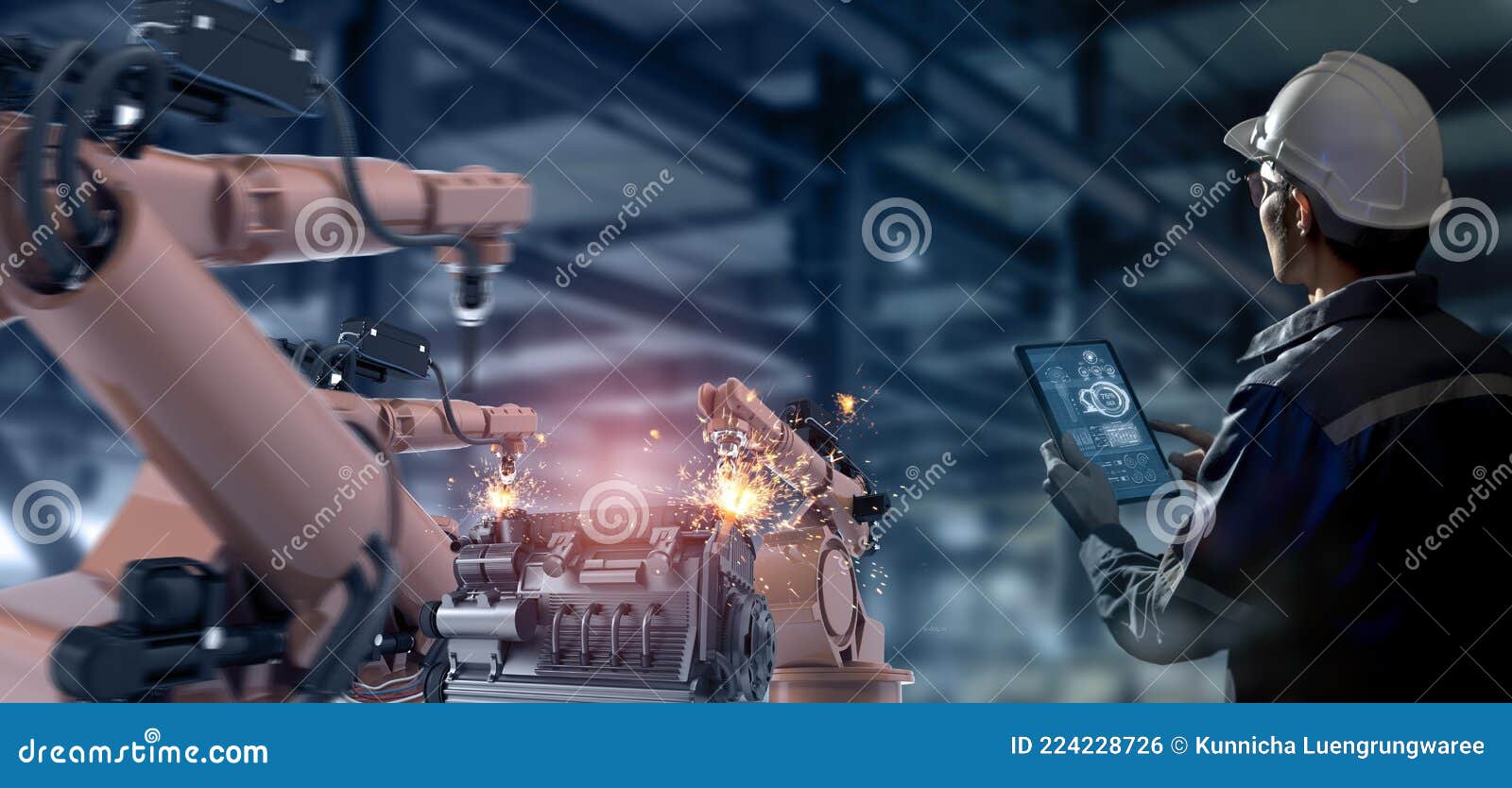futuristic industry technology concept, engineer using high technology including 5g, artificial intellingence, robot, augmented mi