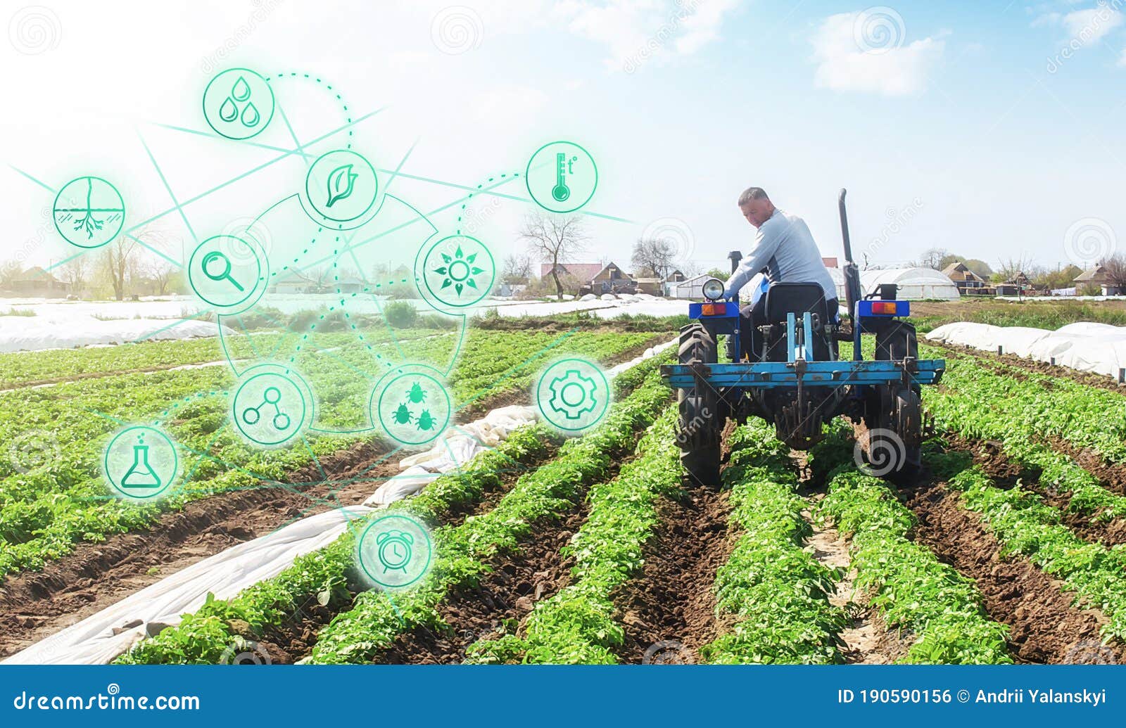 futuristic innovative technology pictogram and a farmer on a tractor. agricultural startups, improvements, digitalization