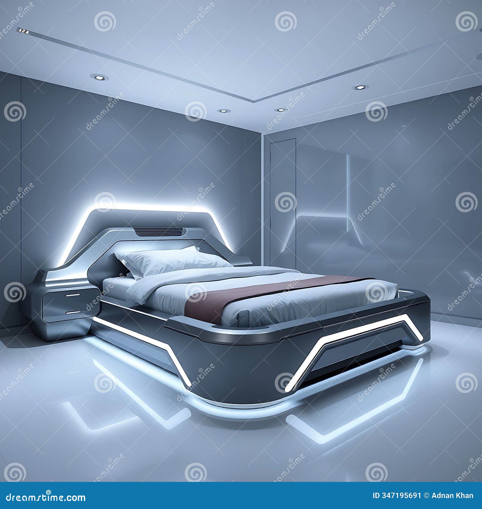 a futuristic kids bed with sleek metallic surfaces and led lights around the bed frame set in a high tech minimalistic room