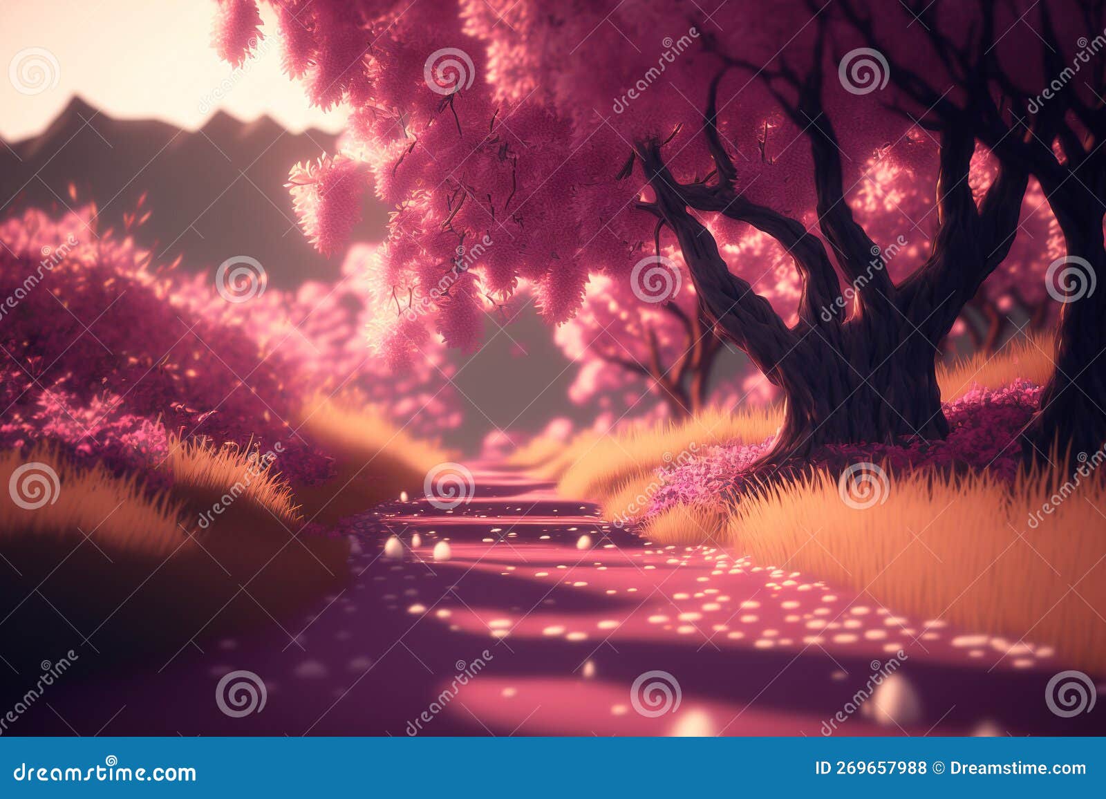 Futuristic Landscape with Pink Blossoming Trees, Fairy Garden ...